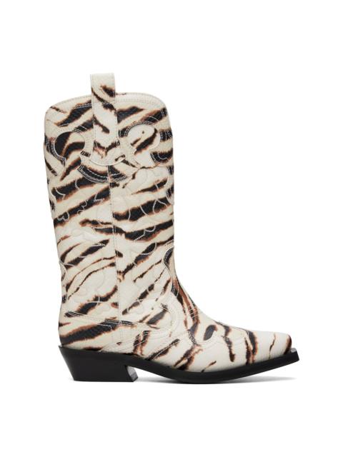 GANNI Off-White Mid Shaft Embroidered Western Boots
