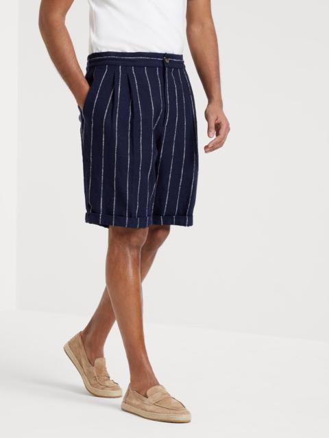 Brunello Cucinelli Linen, wool and silk chalk stripe Bermuda shorts with drawstring and double pleats