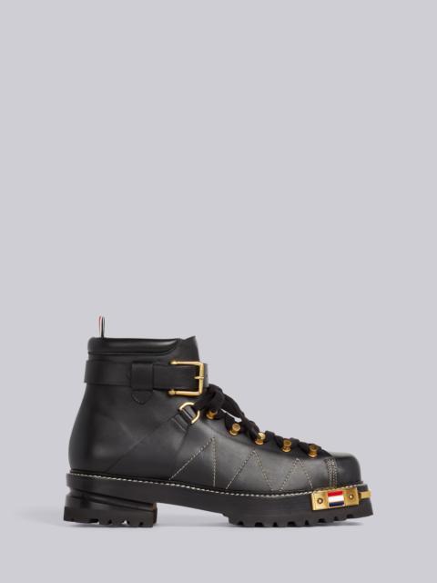 Thom Browne Black Vitello Calf Leather Brass Toe Stacked Sole Square Toe Hiking Boot