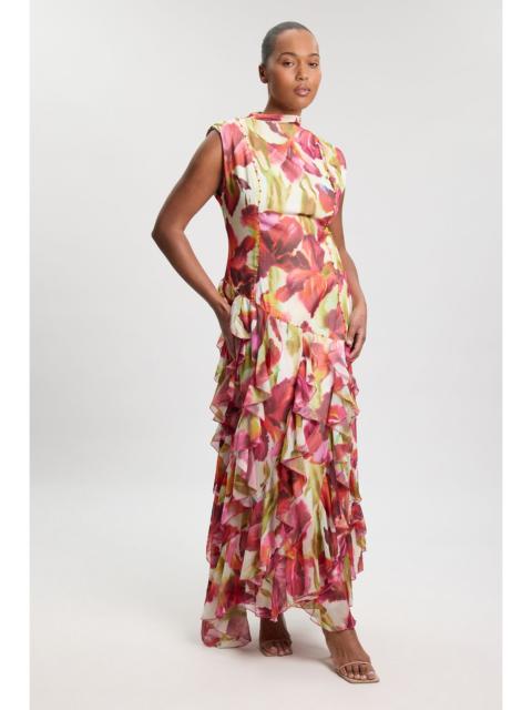 KAREN MILLEN Plus Size Crinkle Floral Print Beaded High Neck Maxi Dress