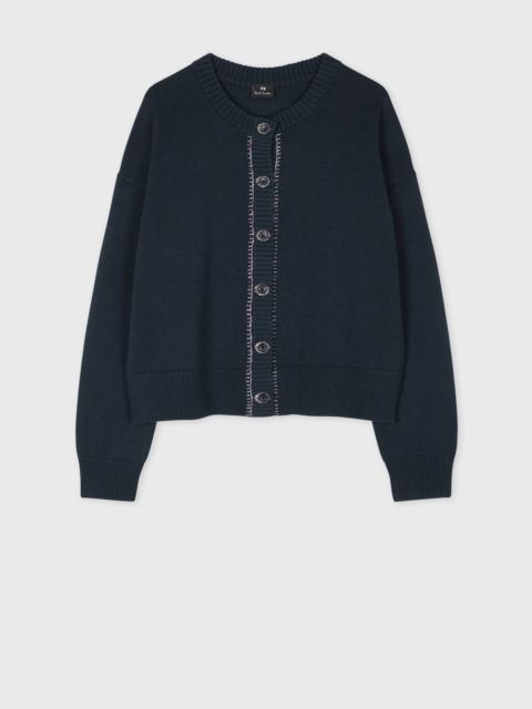 Paul Smith Women's Navy Contrast-Stitch Placket Knitted Merino-Blend Cardigan