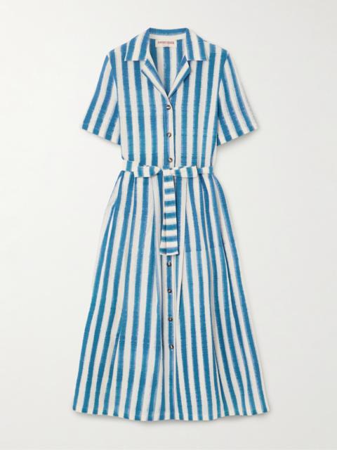 EMPORIO SIRENUSE Claudia Belted Pleated Striped Cotton Midi Shirt Dress