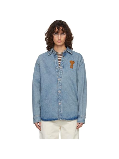 AMI Paris Blue Cotton Knitted Ami de Coeur Denim Overshirt