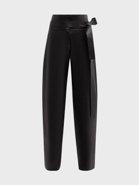 Belted Leather Straight-Leg Trousers