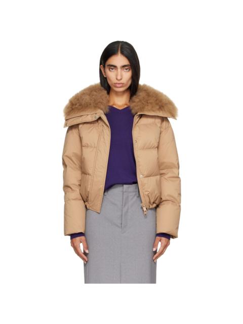 Yves Salomon Beige Waterproof Technical Lambswool Trim Short Down Jacket