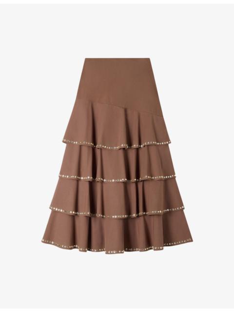 Sandro Ruffled Rhinestone-Embellished Cotton Maxi Skirt