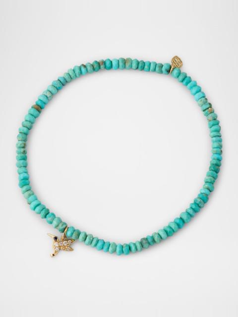 SYDNEY EVAN 14K Yellow Gold Tiny Hummingbird Diamond Charm and Arizona Turquoise Bead Bracelet