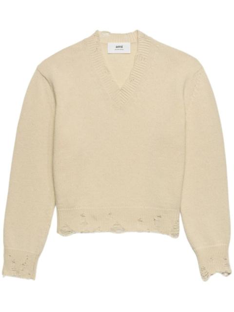 AMI Paris ripped V-neck jumper