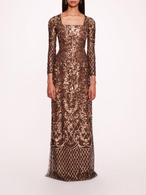 Marchesa SEQUIN LATTICE SLEEVED GOWN