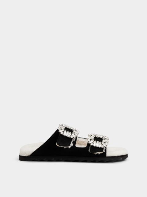 Roger Vivier Slidy Viv' Fur Strass Buckle Mules in Suede