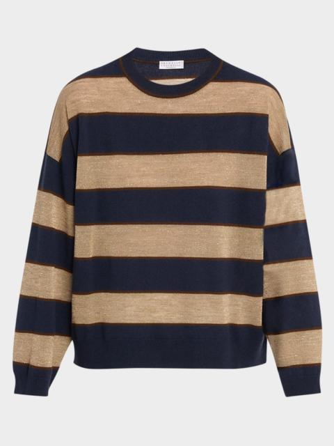 Brunello Cucinelli Shimmering Striped Wool-Cashmere Crewneck Sweater