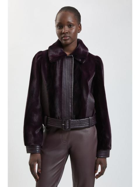 KAREN MILLEN Faux Fur Pu Panelled Belted Cropped Jacket