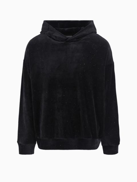 EMPORIO ARMANI Clubwear chenille hooded sweatshirt with all-over rhinestones