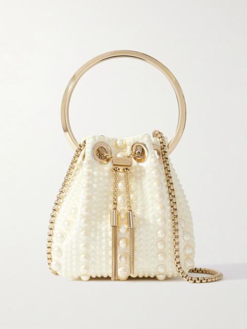 JIMMY CHOO Bon Bon Micro faux pearl-embellished satin bucket bag Ivory