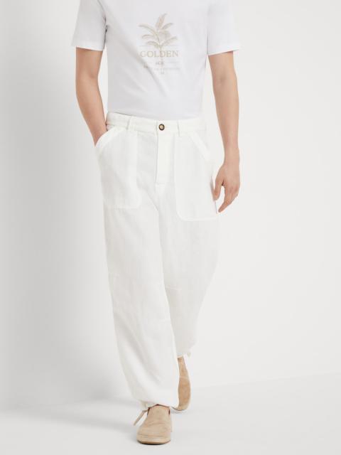 Brunello Cucinelli Garment-dyed relaxed fit trousers in linen gabardine with patch pockets and drawstring