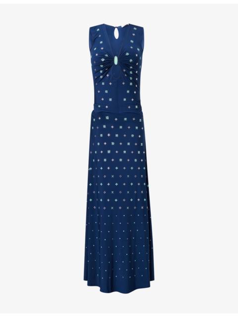 rabanne Plunge-Neck Bead-Embellished Stretch-Jersey Maxi Dress