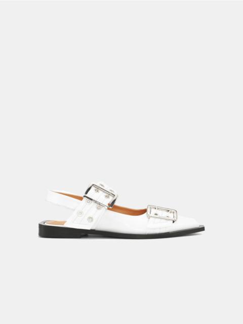 GANNI WHITE WIDE WELT BUCKLE BALLERINAS