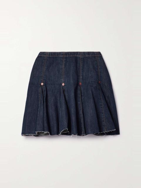 Flounce pleated frayed denim mini skirt