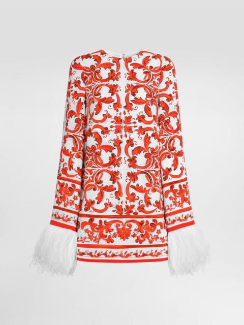 Dolce & Gabbana Majolica-print charmeuse dress with feather trim
