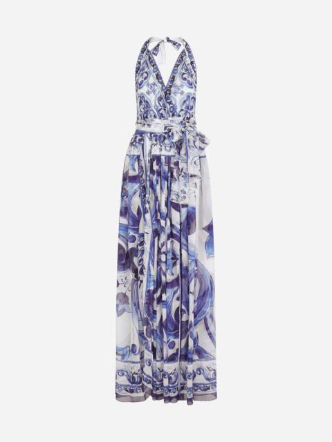 Long sleeveless chiffon dress with majolica print