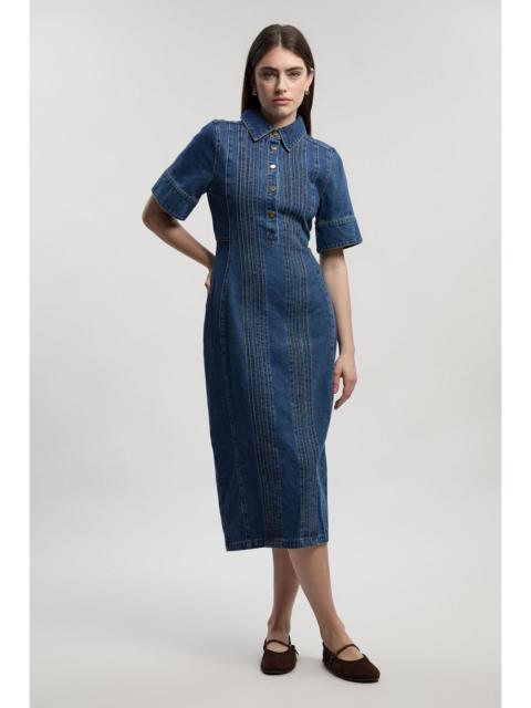 KAREN MILLEN Petite Denim Corset Stitch Detail Pencil Midi Dress