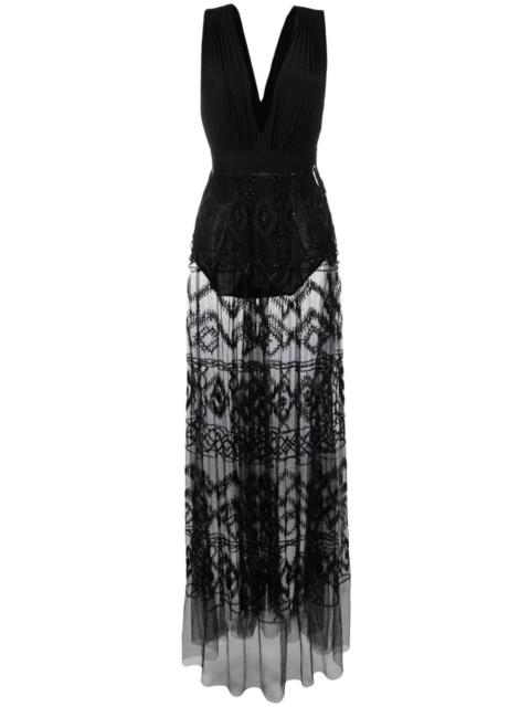 ELISABETTA FRANCHI Rhombus-embroidered plunge-neck long dress