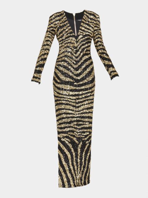 Balmain Zebra Stripe Sequin Evening Gown