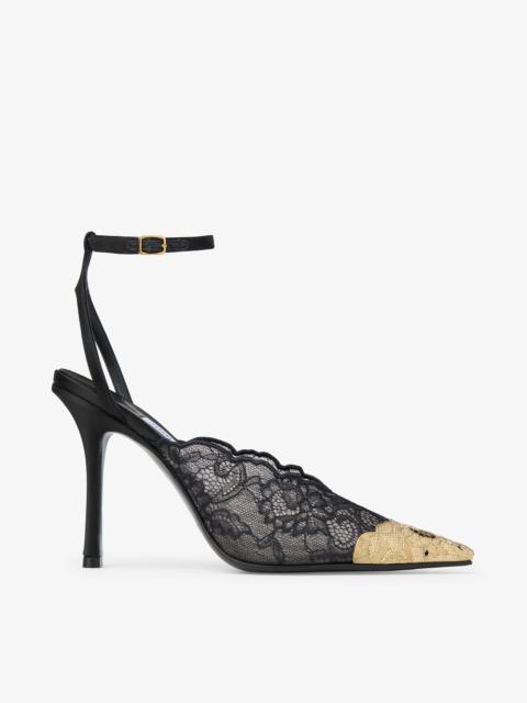 JIMMY CHOO Faiz 100
Black Jimmy Choo Lace Pumps with Metal Lace Detail