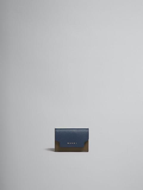 DEEP BLUE CREAM AND GREEN SAFFIANO LEATHER TRI-FOLD WALLET