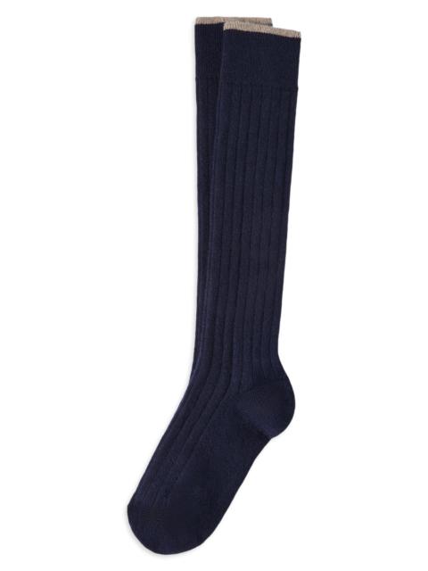 Brunello Cucinelli Men's Cashmere Rib Knit Socks - Navy Blue