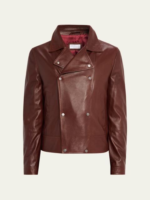 Brunello Cucinelli Men's Double-Breasted Grained Leather Jacket