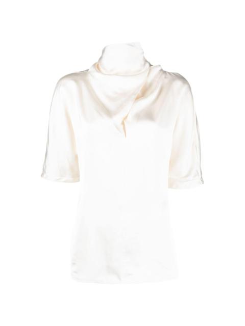 high-neck silk blouse