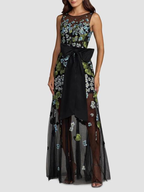 MAC DUGGAL Women's Floral Embroidered Bow Appliqué Mesh Gown - Blue Multi