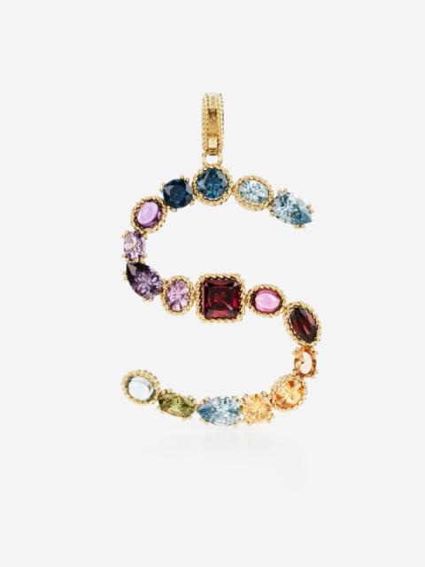 Rainbow alphabet S 18 kt yellow gold charm with multicolor fine gems