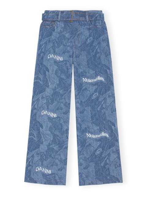 GANNI PRINTED LASER DENIM LASER DENIM EMBROIDED MID WAIST BELT PANTS