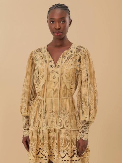 FARM RIO Sand Tropical Flight Guipure Mini Dress