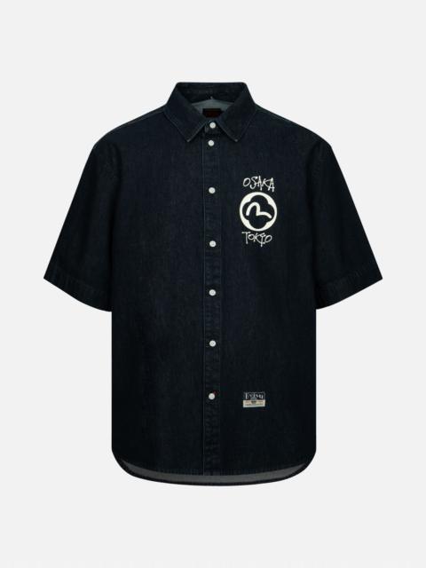 EVISU KAMON AND LOGO PRINT OVERSIZED DENIM SHORT-SLEEVES SHIRT