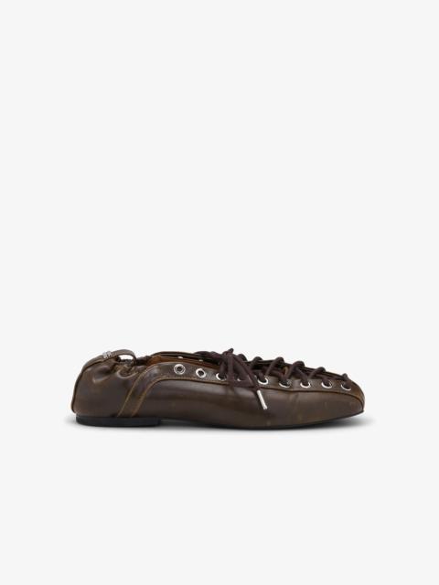 GANNI DARK-OLIVE OLEATEX EYELETS LACE UP BALLERINAS