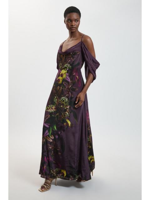 KAREN MILLEN Placement Orchid Print Cold Shoulder Maxi Dress