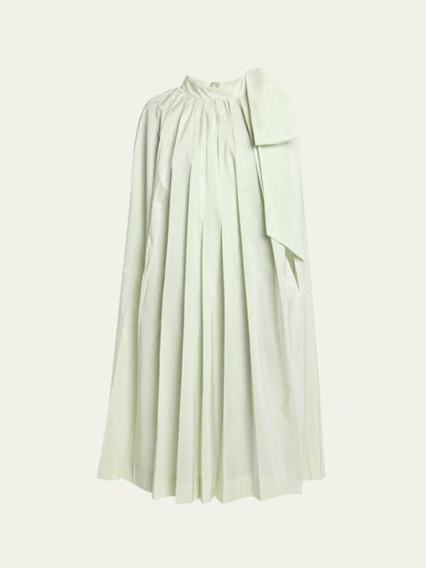 Pleated Cascade Cape Midi Dress with Shoulder Bow