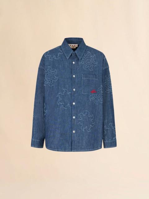 Marni BLUE CHAMBRAY OVERSIZED SHIRT WITH FRAYED SUN MOTIF