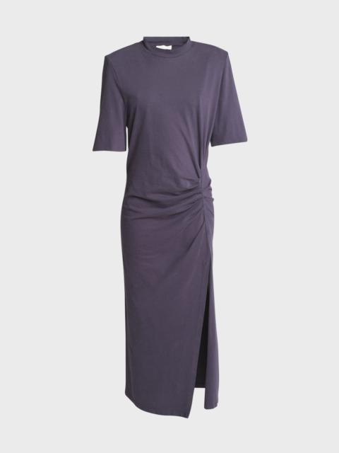 Lexia Strong-Shoulder Ruched Midi T-Shirt Dress