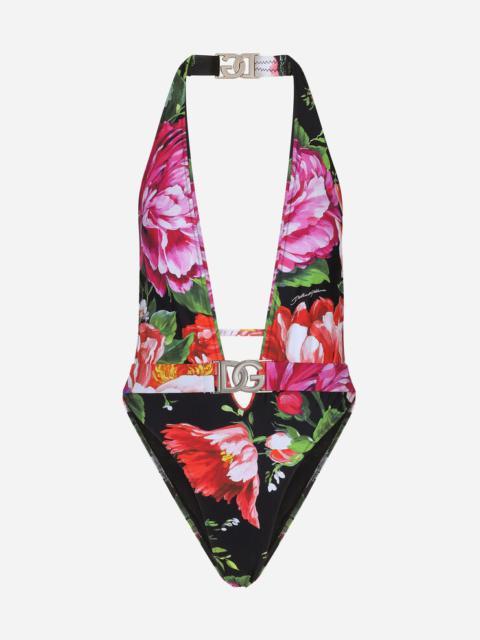 Belted floral-print swimsuit with plunging neckline