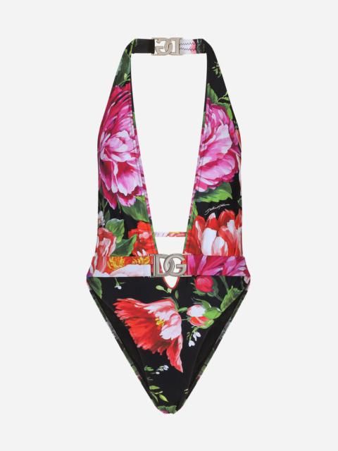 Dolce & Gabbana Belted floral-print swimsuit with plunging neckline