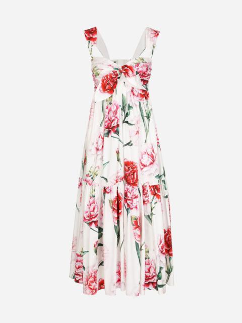 Carnation-print poplin calf-length dress