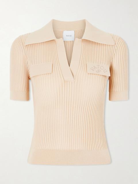 PATOU Embroidered ribbed cotton polo shirt Sand