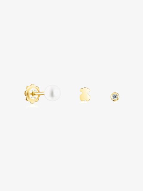 TOUS Pack of 18K solid gold TOUS Pearl ear Piercings with diamond and pearl