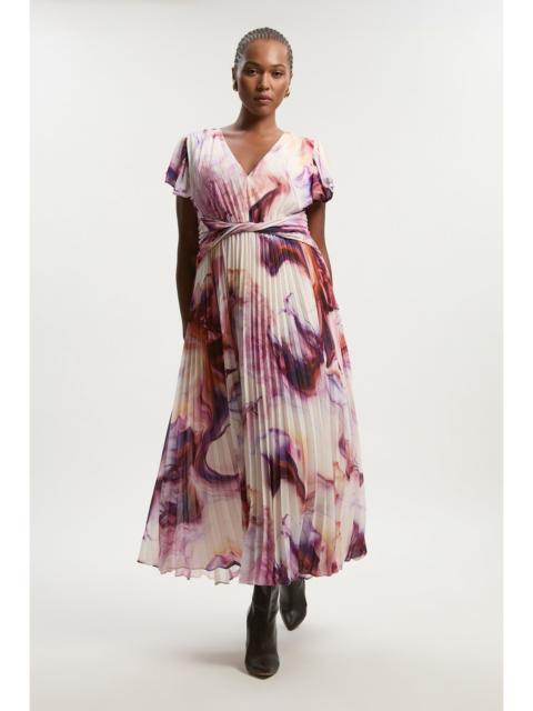 KAREN MILLEN Plus Size Marble Soft Pleated V Neck Woven Maxi Dress