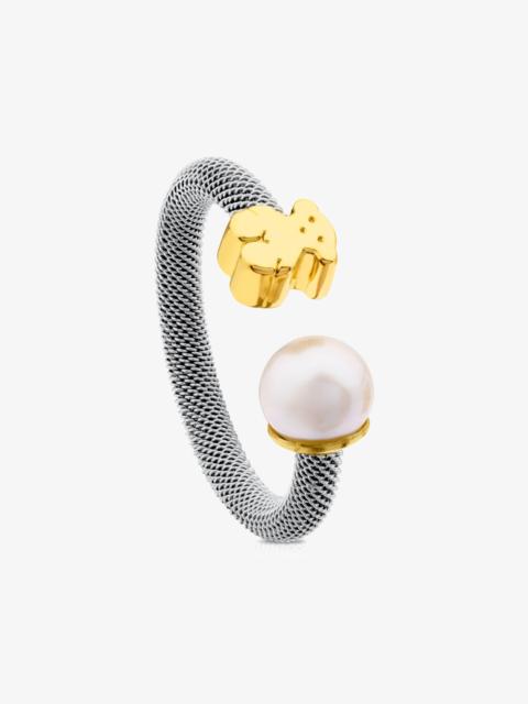 TOUS Steel and 18K solid gold Icon Mesh Ring with Pearl