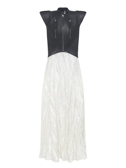GABRIELA HEARST Athena Moto Midi Dress in Black Leather & Ivory Metallic Crinkled Silk